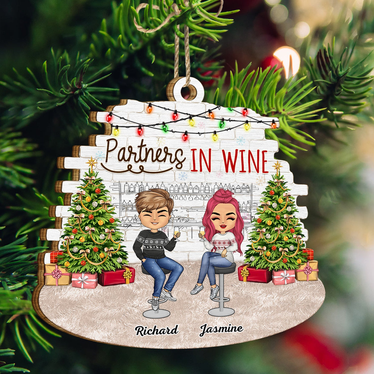 Partners In Wine - Christmas Gift For Besties, BFF Best Friends, Siblings, Sisters, Brothers - Personalized Custom Shaped Wooden Ornament