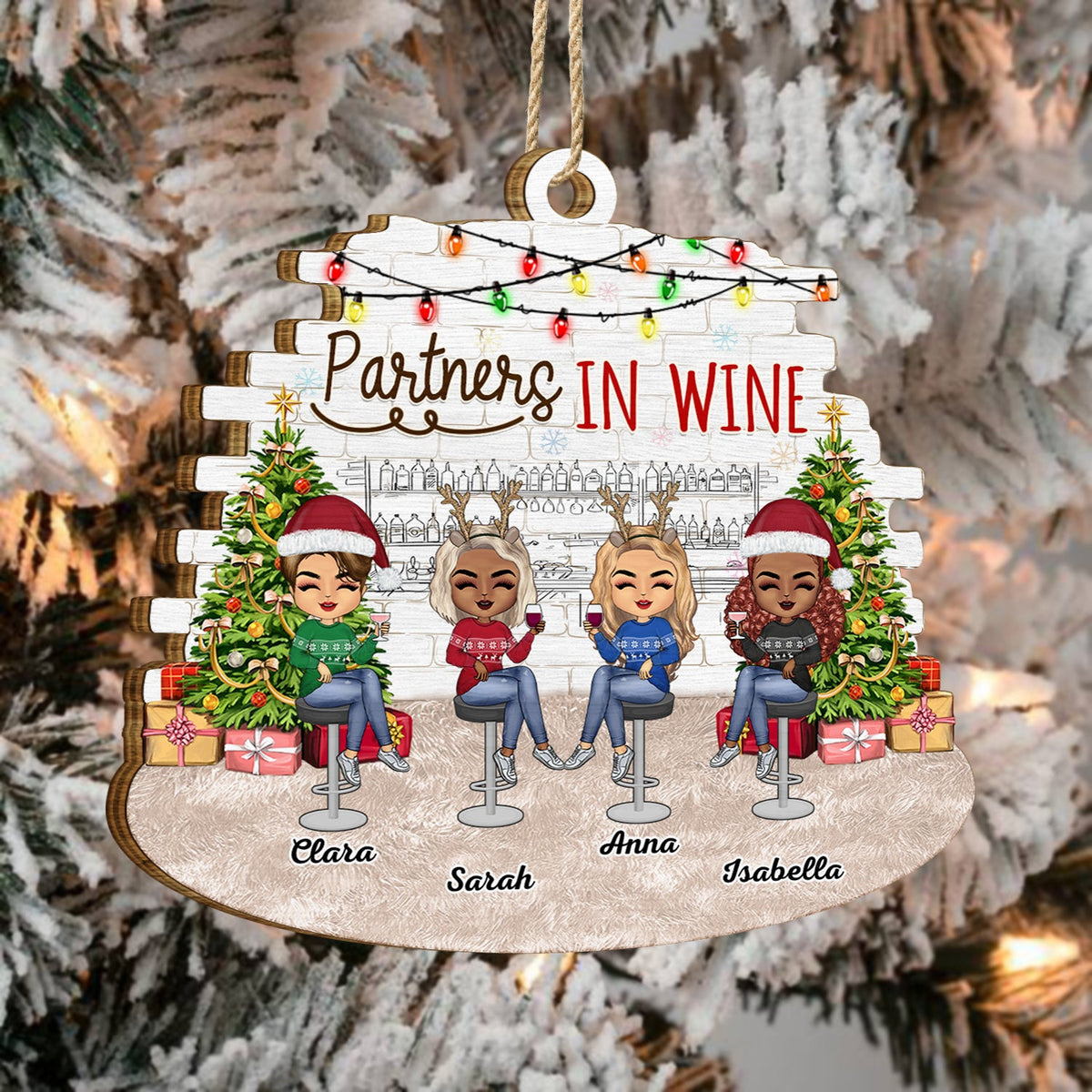Partners In Wine - Christmas Gift For Besties, BFF Best Friends, Siblings, Sisters, Brothers - Personalized Custom Shaped Wooden Ornament