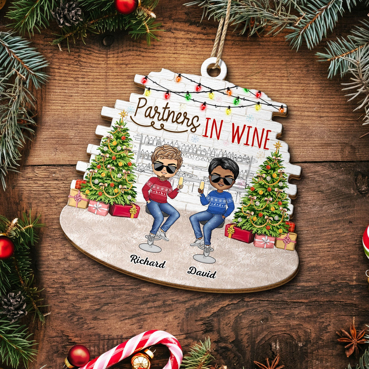 Partners In Wine - Christmas Gift For Besties, BFF Best Friends, Siblings, Sisters, Brothers - Personalized Custom Shaped Wooden Ornament