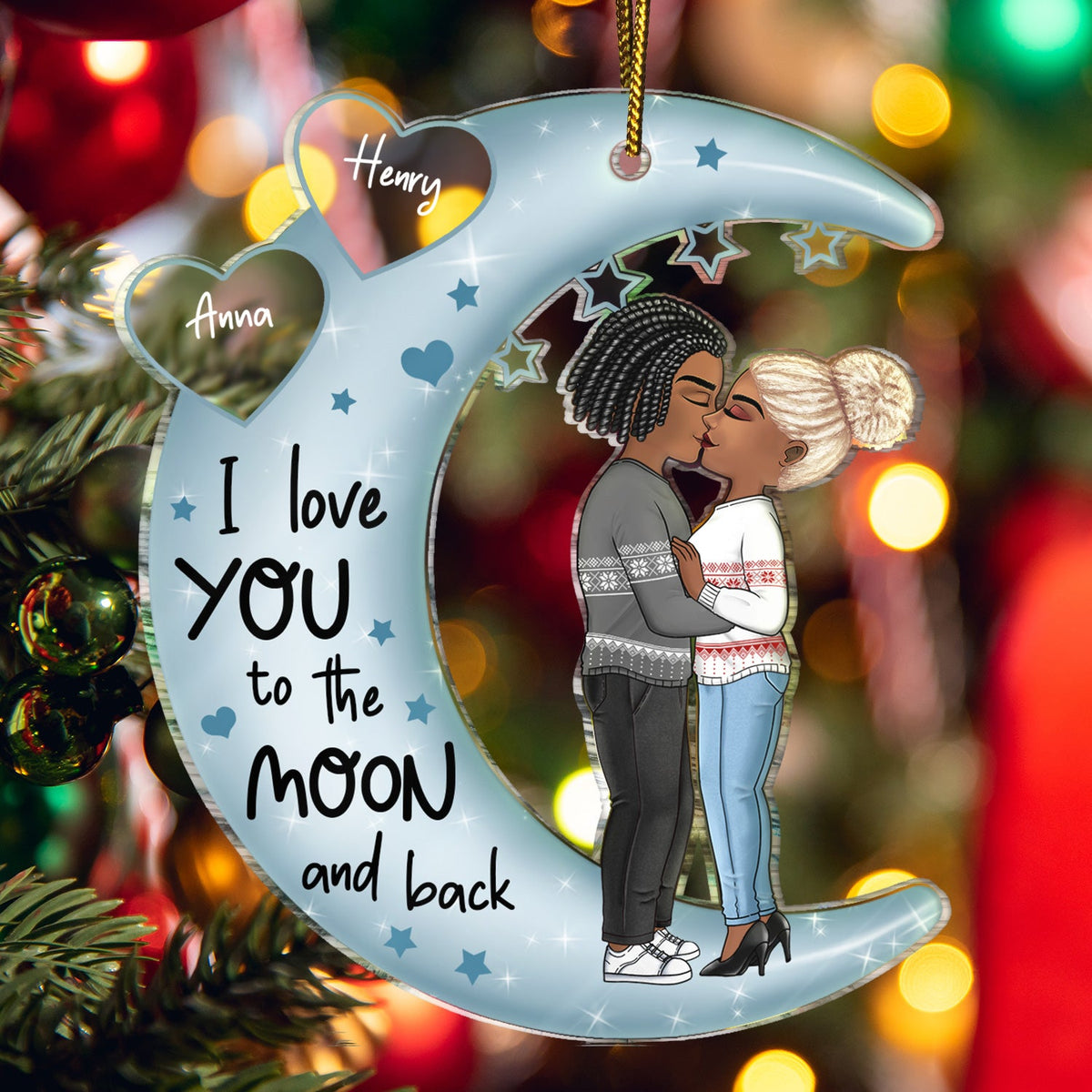 Je t'aime jusqu'à la lune et retour Chibi Couple - Cadeau de Noël pour couples, amoureux, épouse, mari, petite amie, petit ami - Ornement acrylique découpé personnalisé