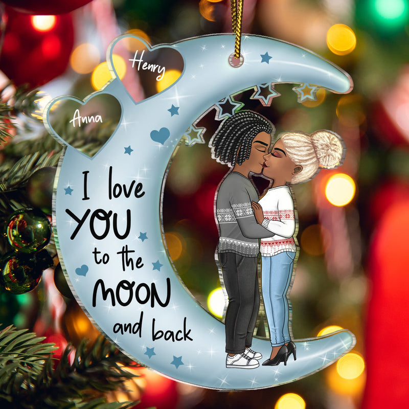 Je t'aime jusqu'à la lune et retour Chibi Couple - Cadeau de Noël pour couples, amoureux, épouse, mari, petite amie, petit ami - Ornement acrylique découpé personnalisé