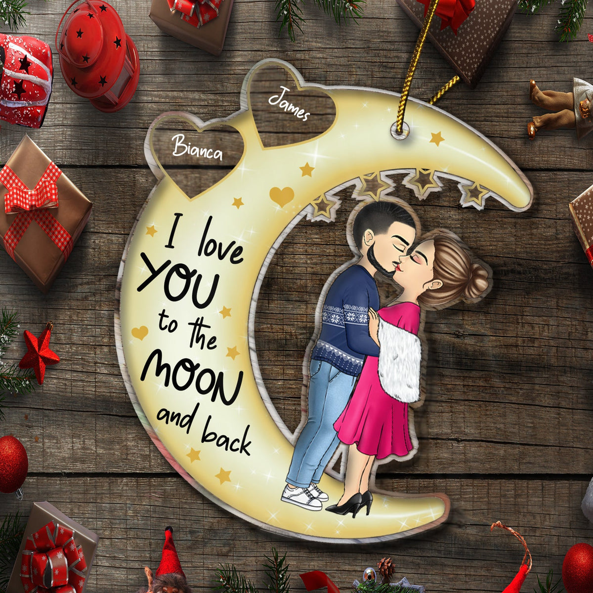 Je t'aime jusqu'à la lune et retour Chibi Couple - Cadeau de Noël pour couples, amoureux, épouse, mari, petite amie, petit ami - Ornement acrylique découpé personnalisé