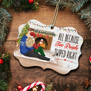All Because Two People Swiped Right - Christmas Gift For Couples - Personalized Medallion Wooden Ornament