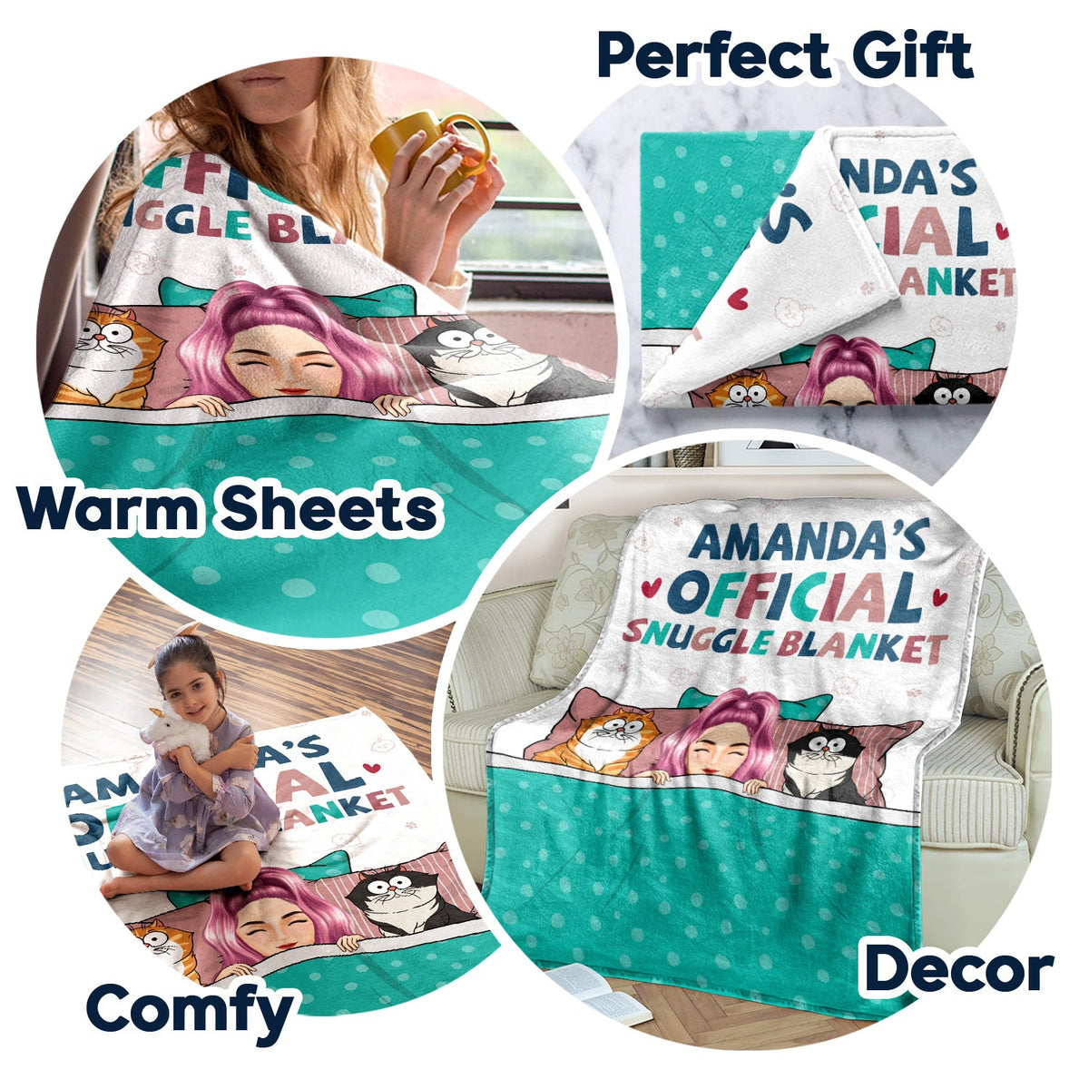 Official Snuggle Blanket Funny Cartoon Cats - Gift For Cat Lovers, Cat Moms - Personalized Fleece Blanket