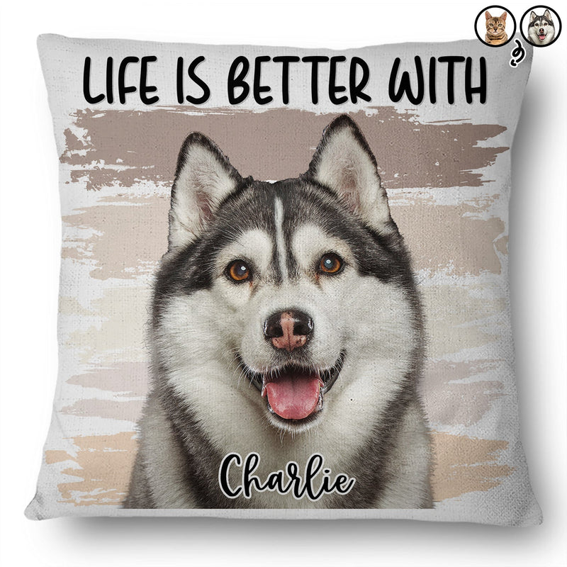 Photo personnalisée : La vie est meilleure avec un chien ou un chat ! Cadeau pour les amoureux des animaux ! Coussin personnalisé