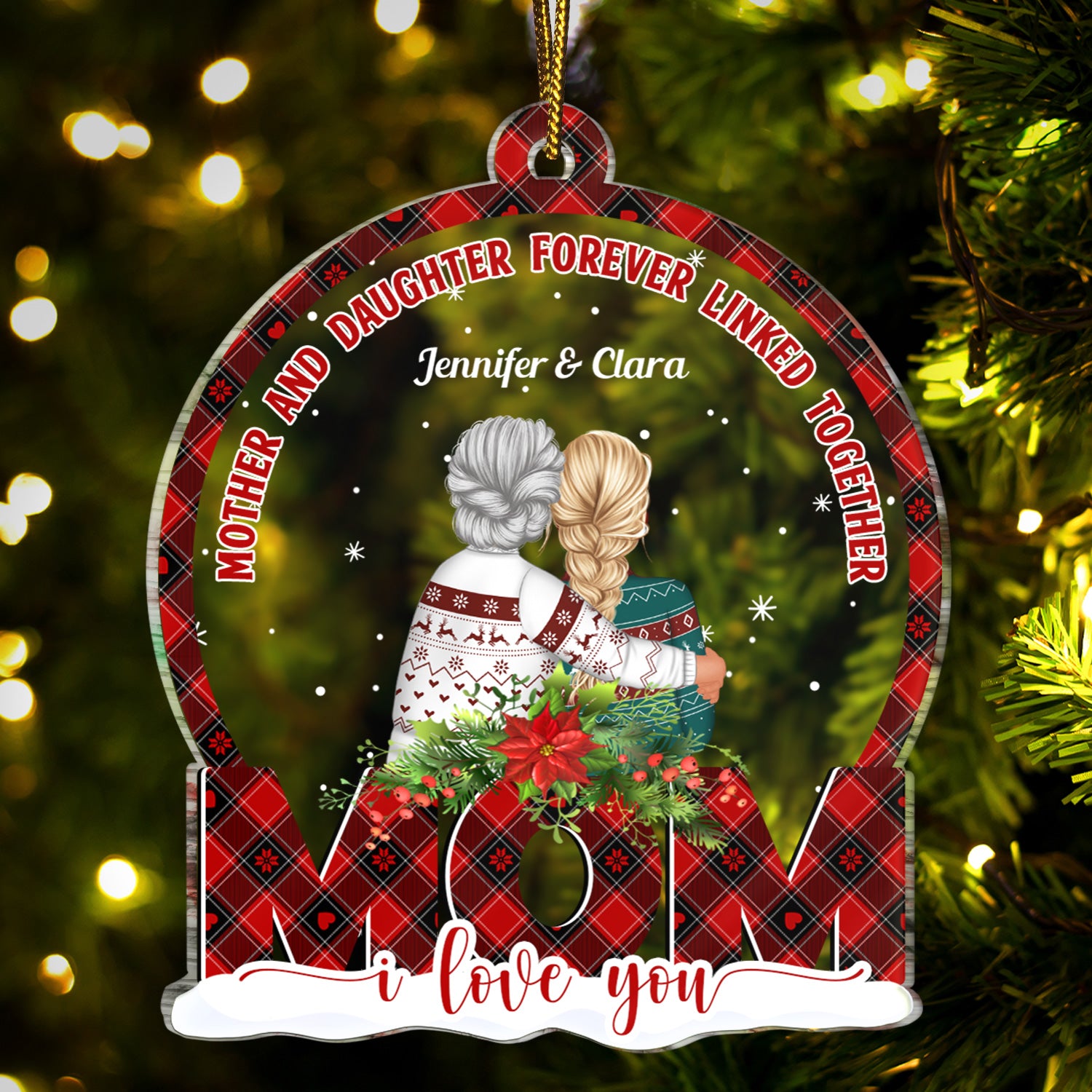 Mother And Daughter Forever Linked Together Snowdome - Christmas Gift For Moms - Personalized Custom Shaped Acrylic Ornament
