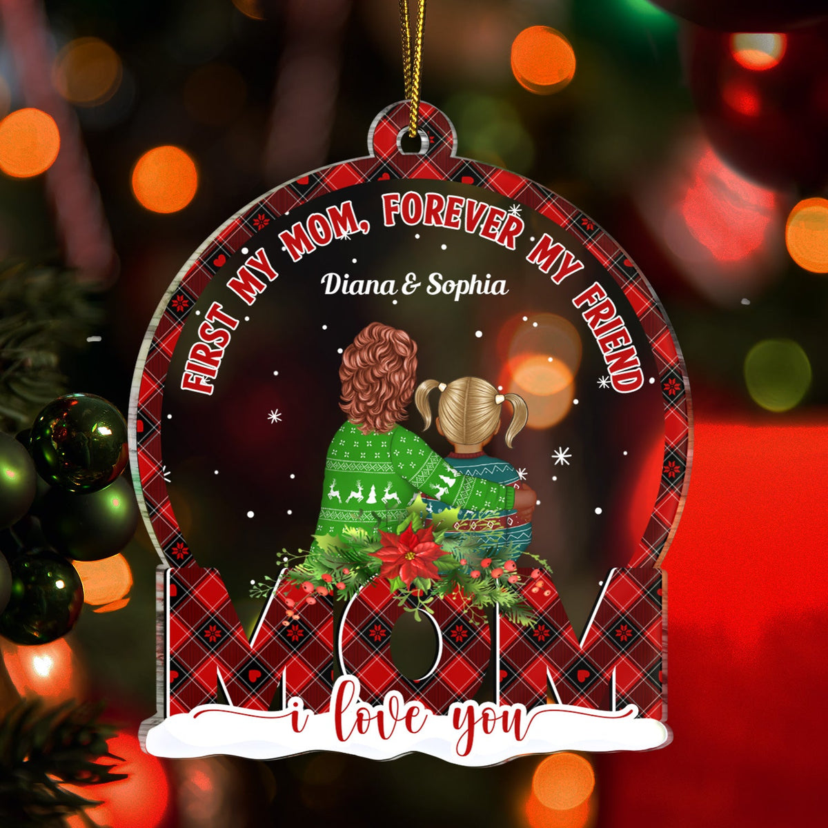 Mother And Daughter Forever Linked Together Snowdome - Christmas Gift For Moms - Personalized Custom Shaped Acrylic Ornament