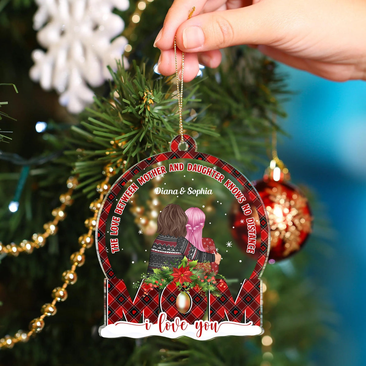 Mother And Daughter Forever Linked Together Snowdome - Christmas Gift For Moms - Personalized Custom Shaped Acrylic Ornament
