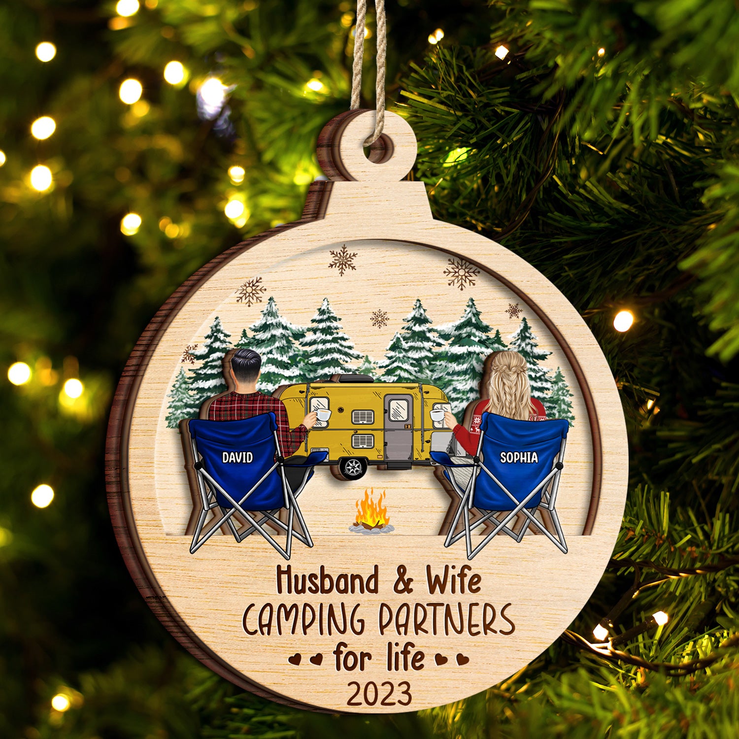 Husband & Wife Camping Partners For Life - Christmas Gift For Couples, Campers - Personalized 2-Layered Wooden Ornament
