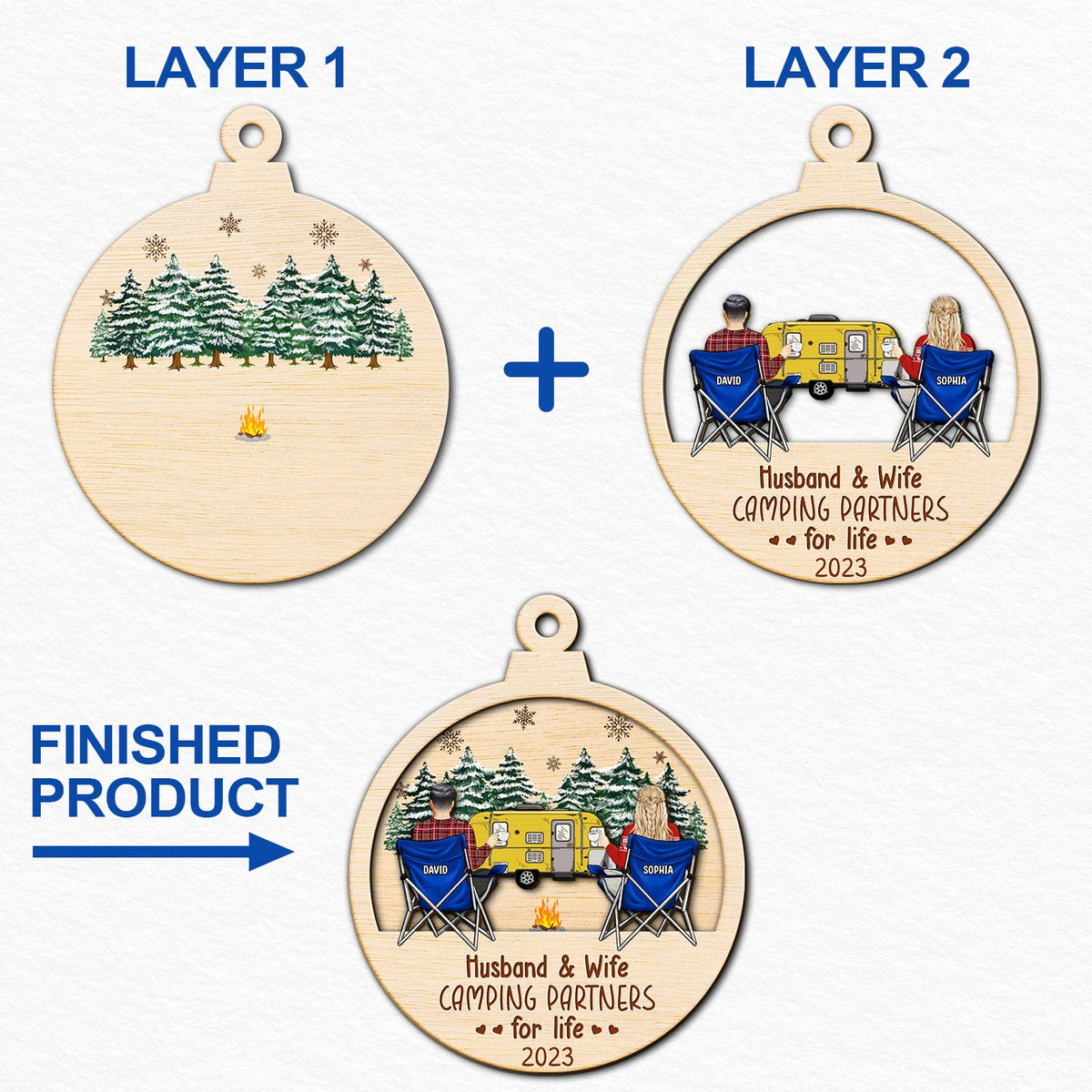 Husband & Wife Camping Partners For Life - Christmas Gift For Couples, Campers - Personalized 2-Layered Wooden Ornament