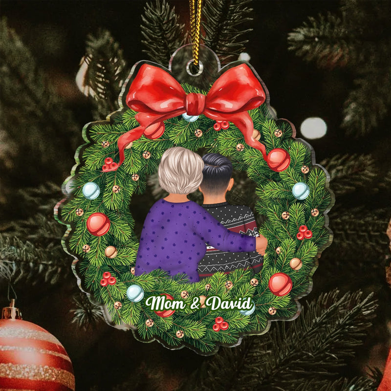 Christmas Wreath Mom Hugs Daughter Son - Gift For Mother, Grandmother, Grandma - Personalized Custom Shaped Acrylic Ornament