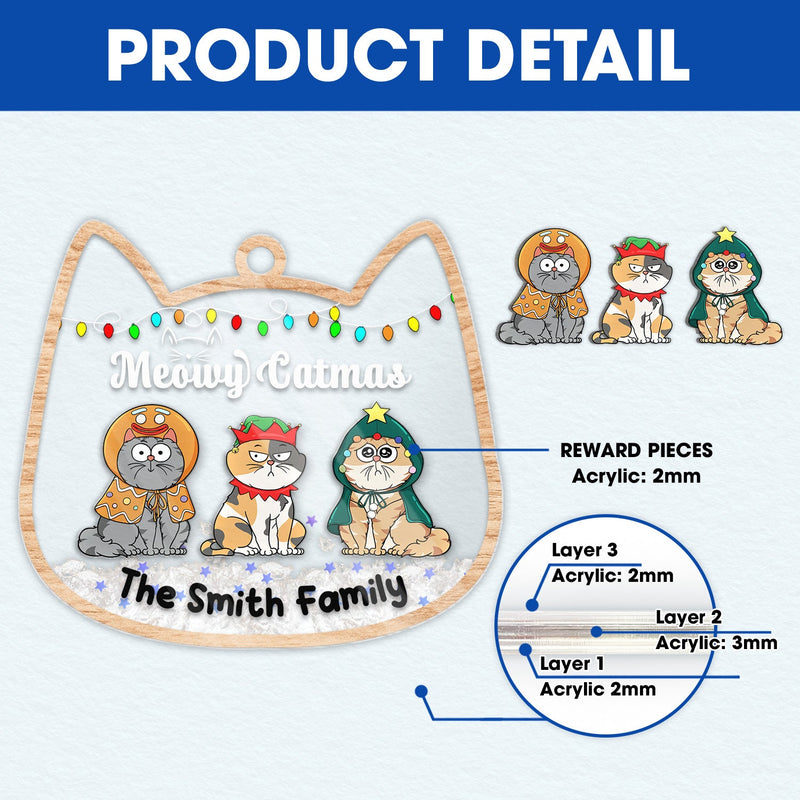 Meowy Catmas Funny Cartoon Cats - Christmas Gift For Cat Lovers - Personalized 3-Layered Acrylic Shaker Ornament