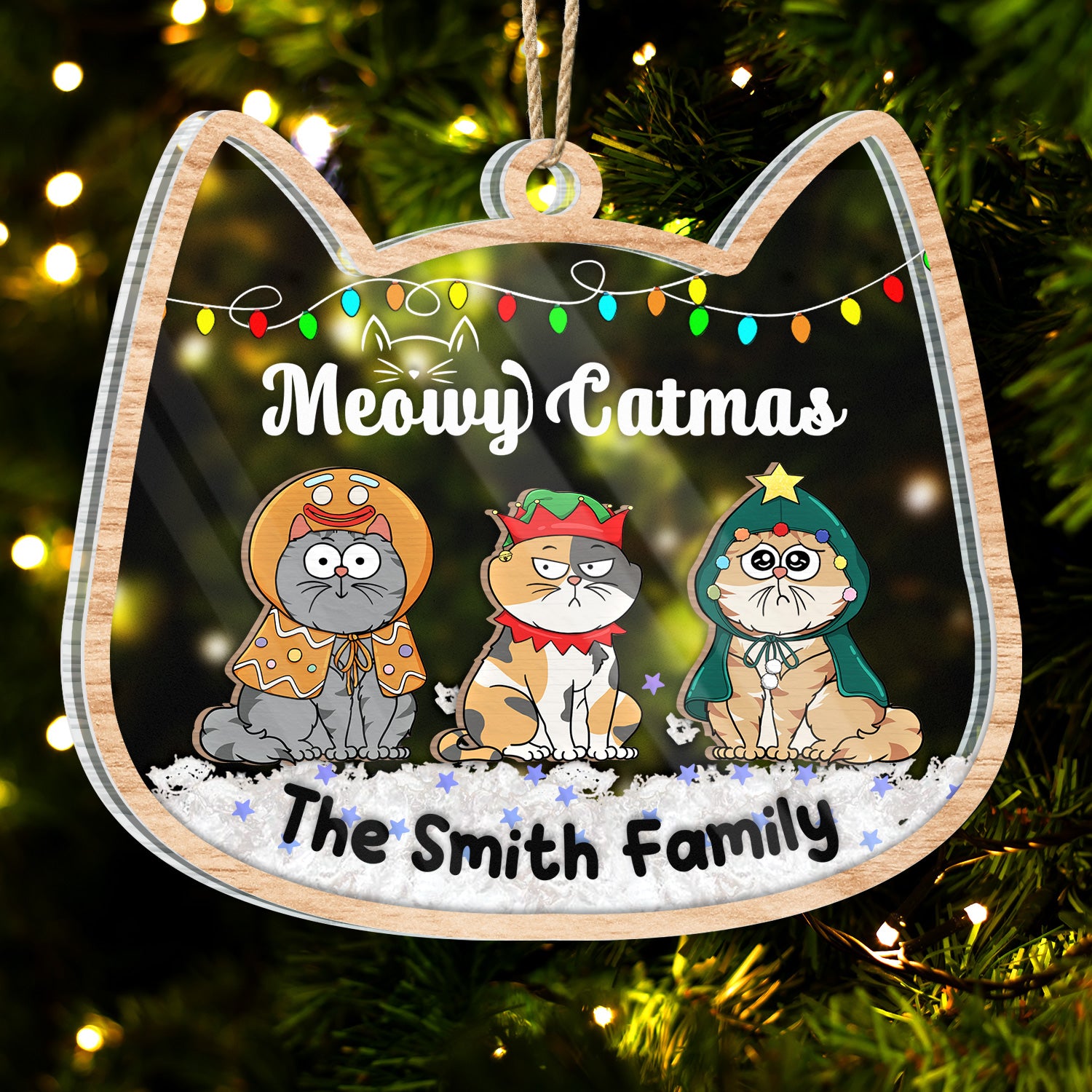 Meowy Catmas Funny Cartoon Cats - Christmas Gift For Cat Lovers - Personalized 3-Layered Acrylic Shaker Ornament