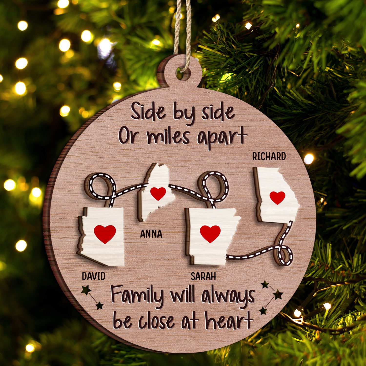 Side By Side Or Miles Apart - Christmas Gift For Family, BFF Best Friends, Siblings, Brothers, Sisters - Personalized 2-Layered Wooden Ornament