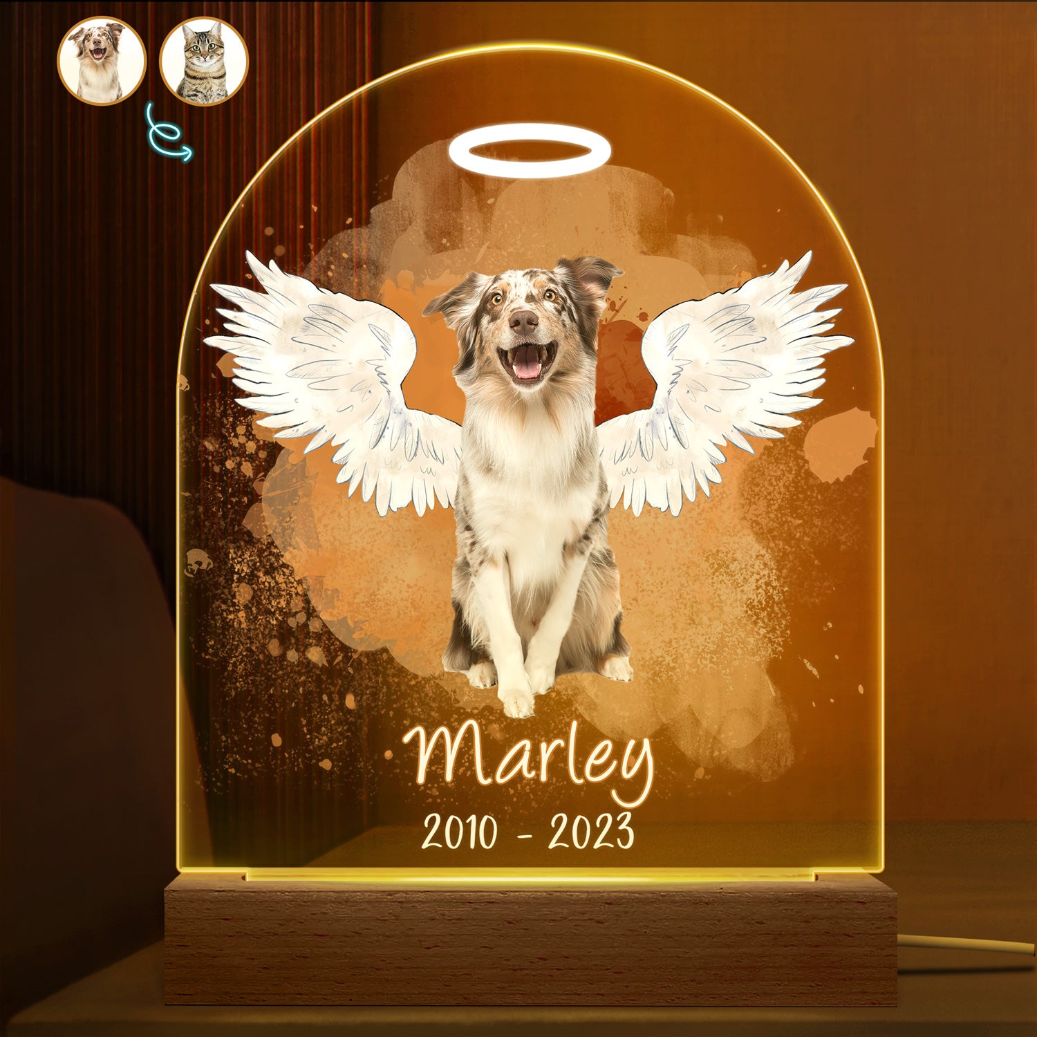 Custom Photo Dog Cat Pet - Memorial Gift, Sympathy Gift - Personalized 3D Led Light Wooden Base