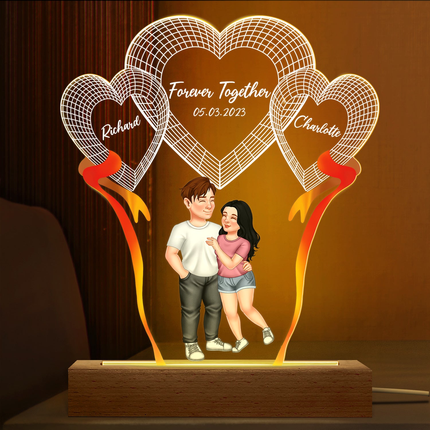 Arm In Arm Couple Forever Together - Loving, Anniversary Gift For Couples, Husband, Wife - Personalized 3D Led Light Wooden Base