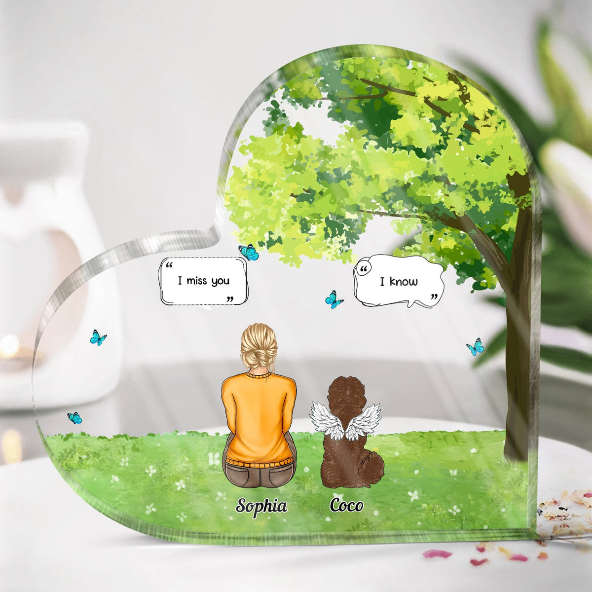 Je parle toujours de toi - Cadeau commémoratif pour les amoureux des animaux - Plaque acrylique personnalisée en forme de cœur