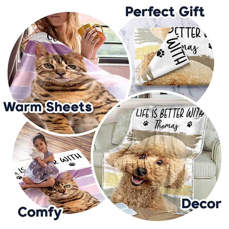 Custom Photo Better Life With Dog Cat - Gift For Pet Lovers - Personalized Fleece Blanket