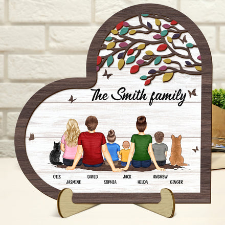Back Family Sitting Together - Gift For Family - Personalized 2-Layered Wooden Plaque With Stand