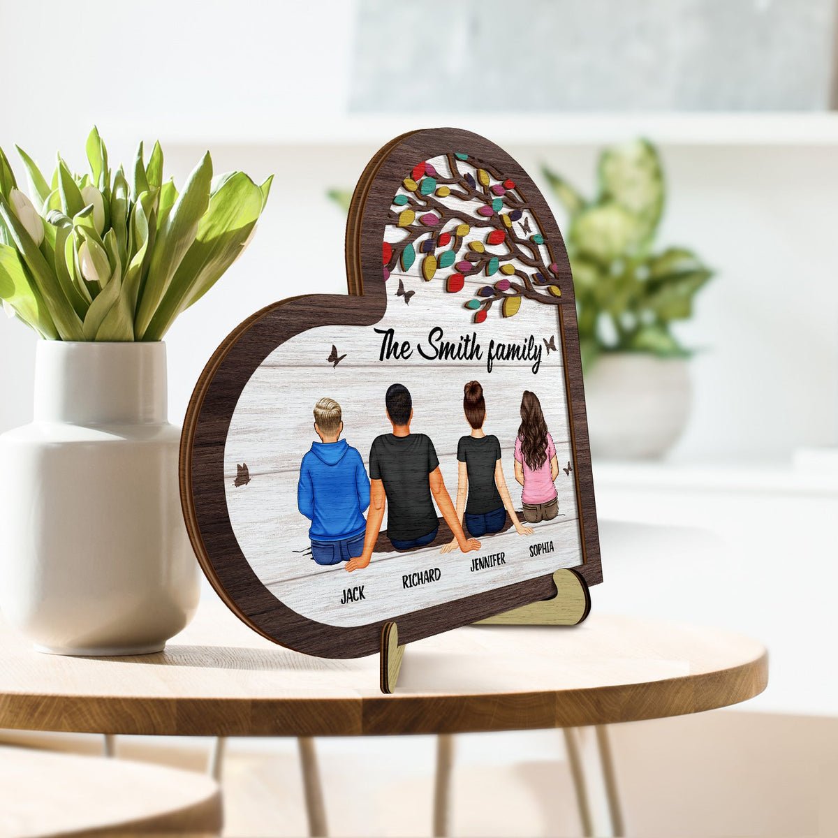 Back Family Sitting Together - Gift For Family - Personalized 2-Layered Wooden Plaque With Stand