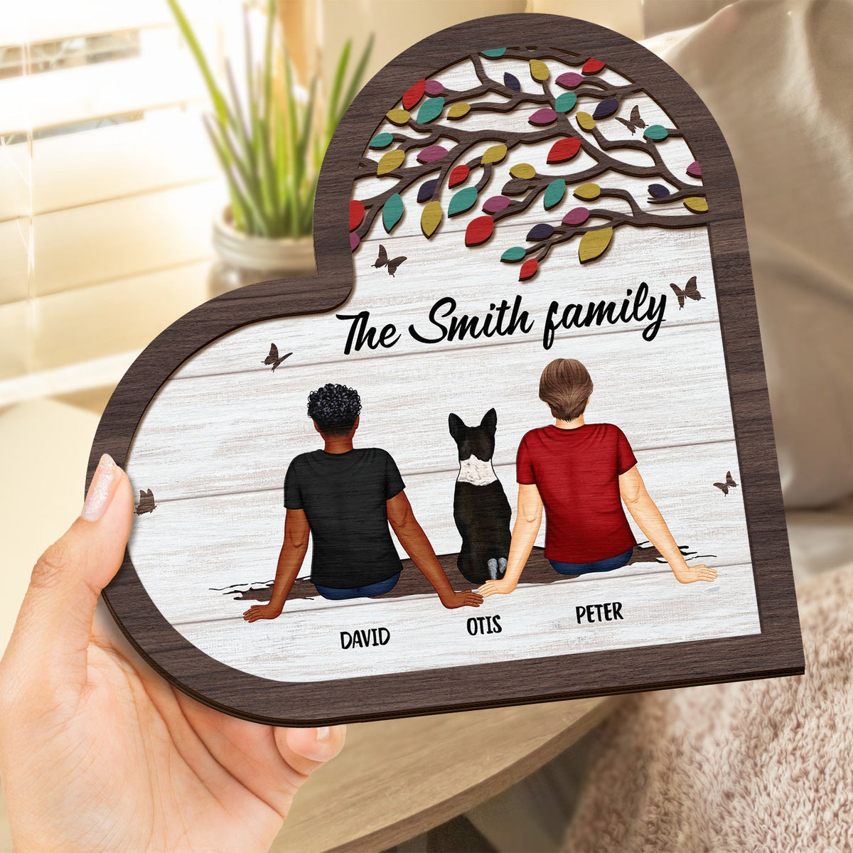 Back Family Sitting Together - Gift For Family - Personalized 2-Layered Wooden Plaque With Stand