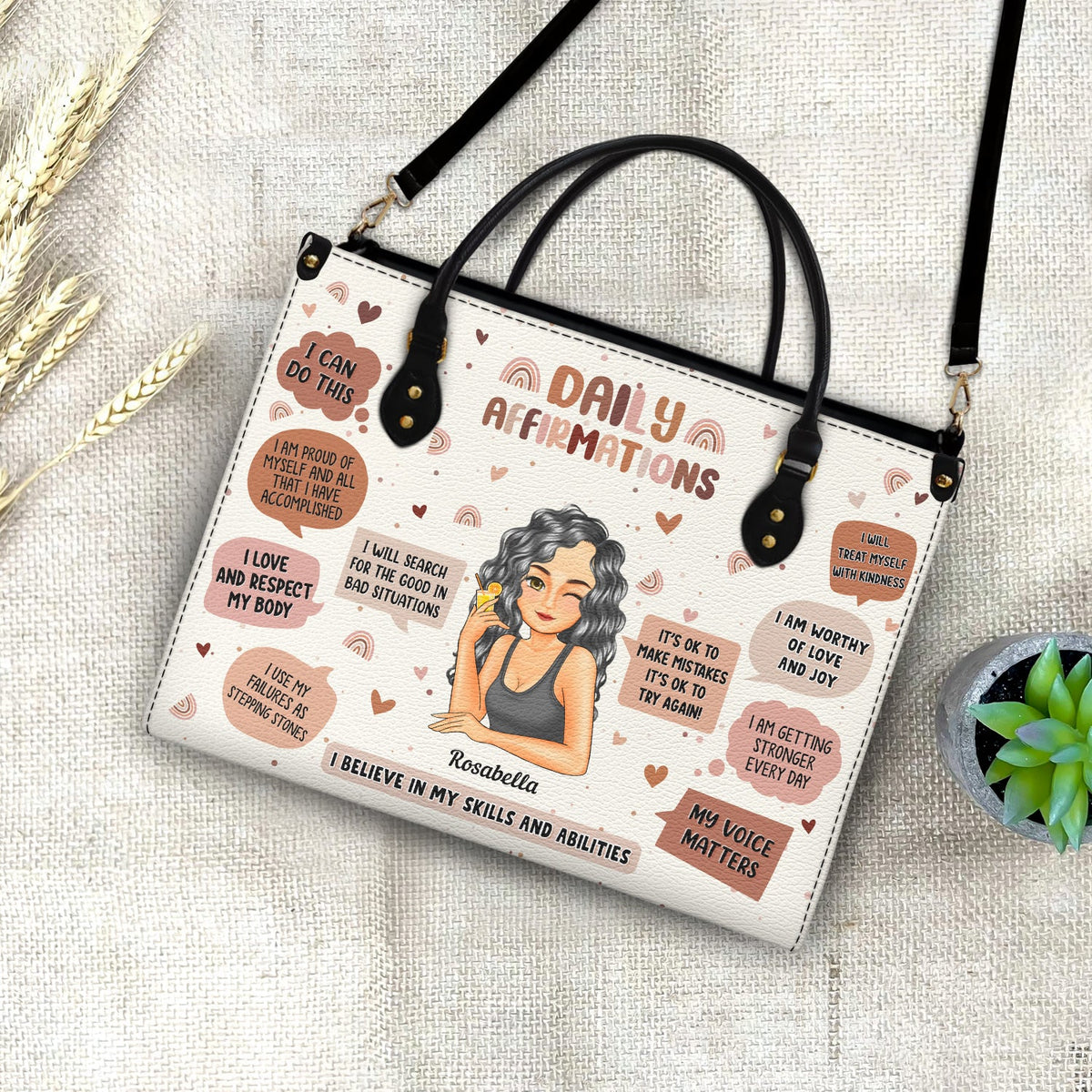 Daily Affirmations - Gift For Yourself, Girls, Women - Personalized Leather Bag