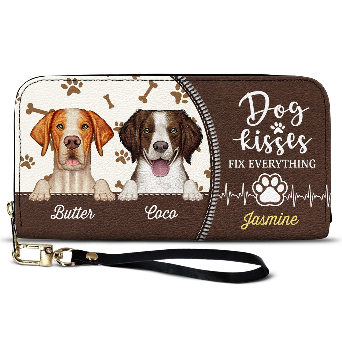 Les bisous de chien réparent tout ! Cadeau pour les amoureux des chiens, les mamans de chiens et les femmes ! Portefeuille long en cuir personnalisé