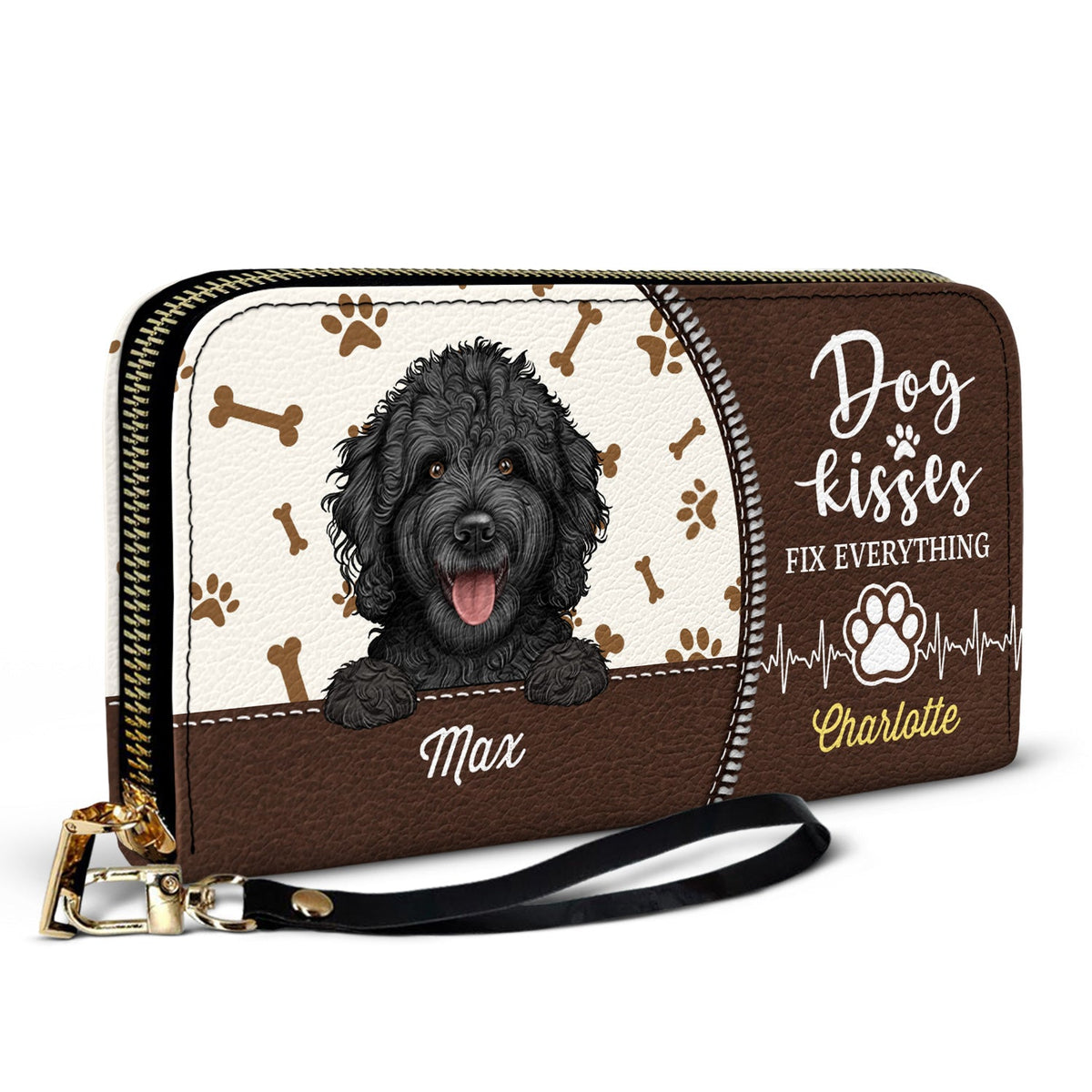 Les bisous de chien réparent tout ! Cadeau pour les amoureux des chiens, les mamans de chiens et les femmes ! Portefeuille long en cuir personnalisé