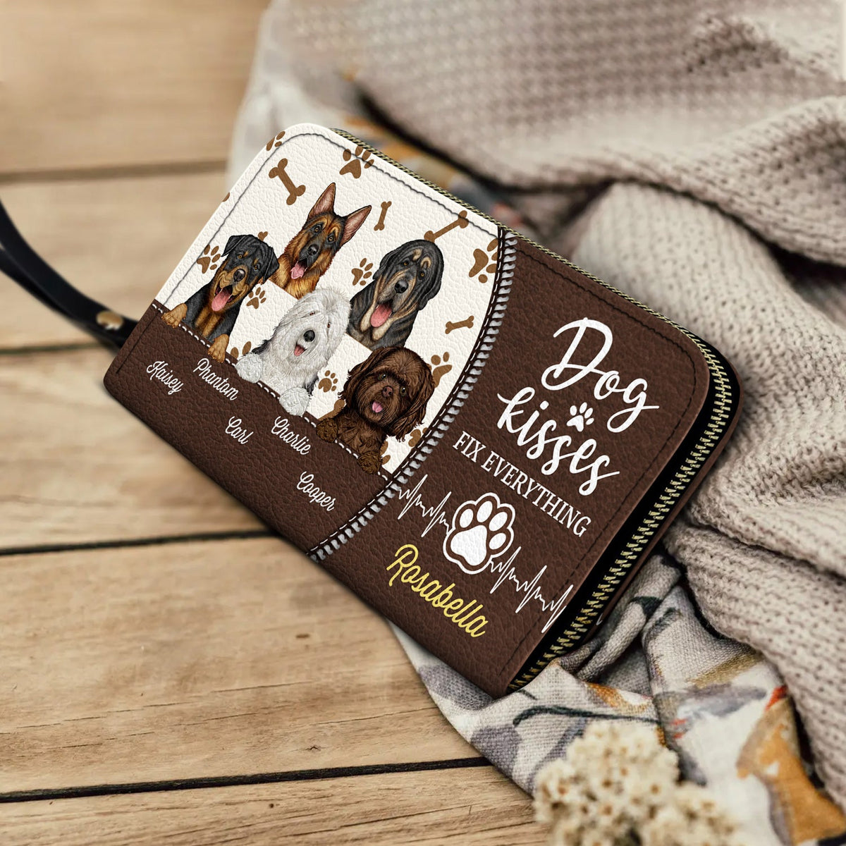 Les bisous de chien réparent tout ! Cadeau pour les amoureux des chiens, les mamans de chiens et les femmes ! Portefeuille long en cuir personnalisé