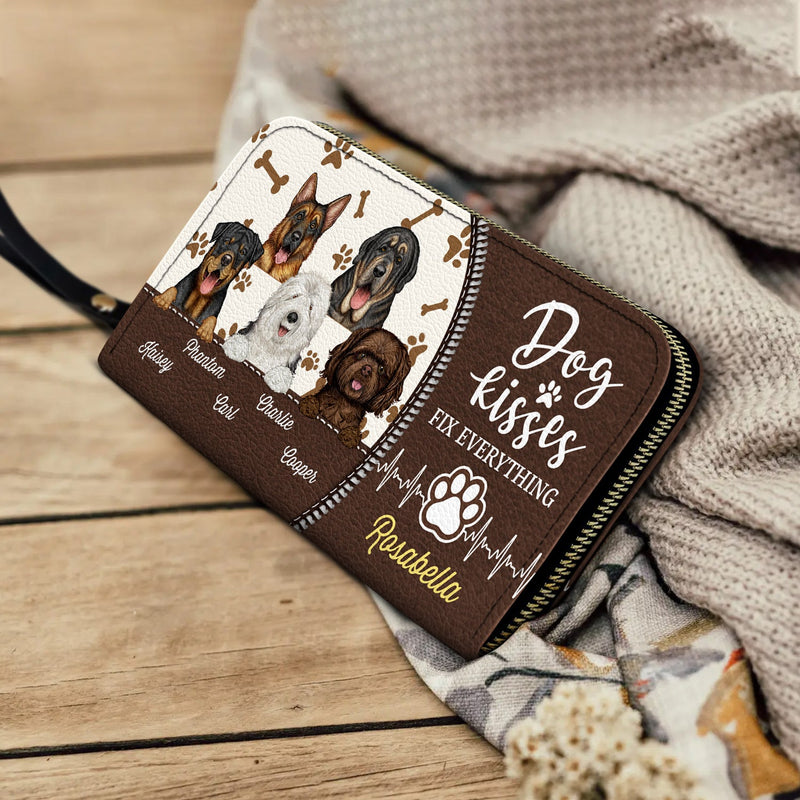 Les bisous de chien réparent tout ! Cadeau pour les amoureux des chiens, les mamans de chiens et les femmes ! Portefeuille long en cuir personnalisé