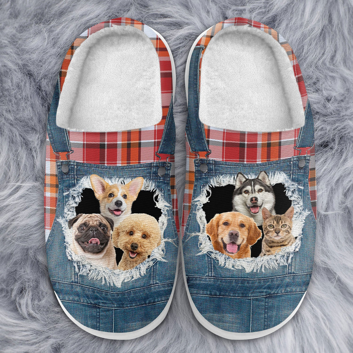 Custom Photo Overalls Pet Face - Gift For Pet Lovers, Pet Mom, Pet Dad - Personalized Fluffy Slippers