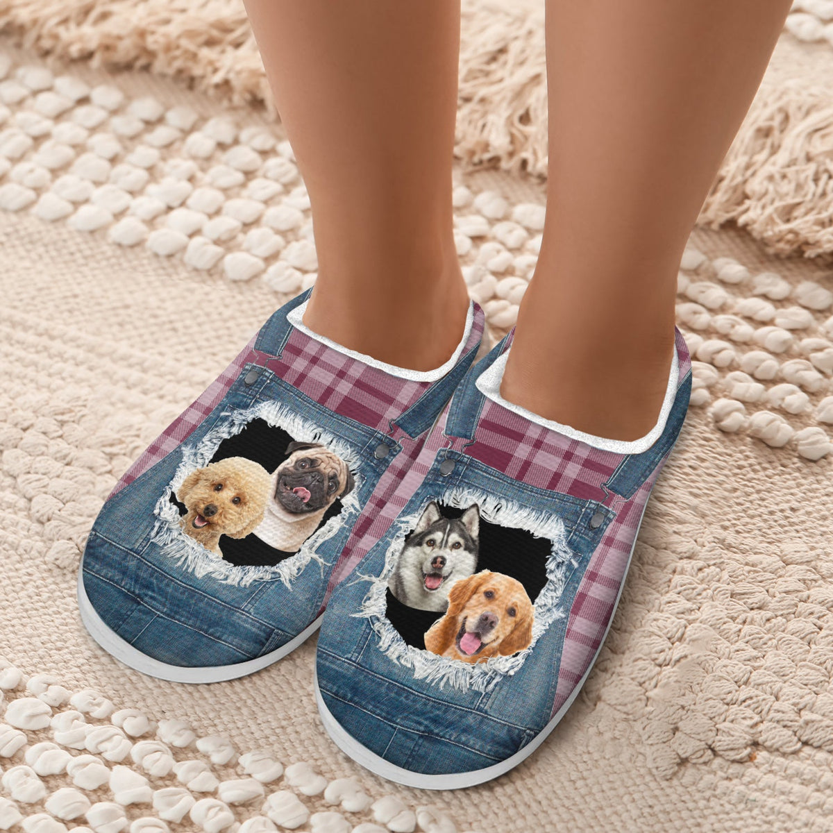 Custom Photo Overalls Pet Face - Gift For Pet Lovers, Pet Mom, Pet Dad - Personalized Fluffy Slippers
