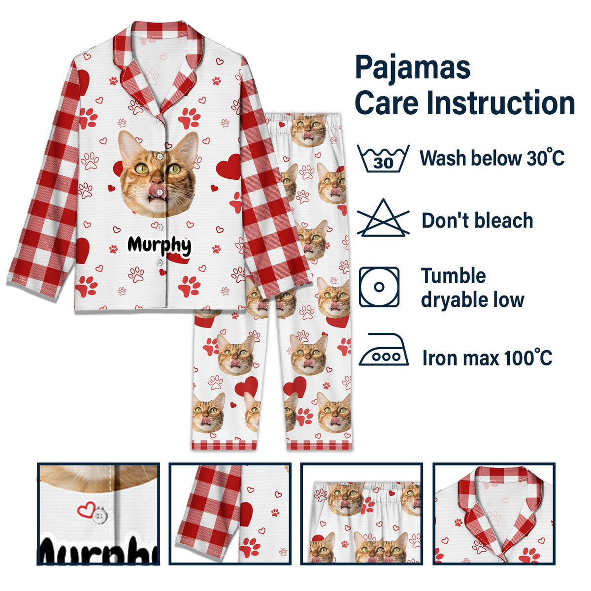 Pyjama long personnalisé avec photo à carreaux pour animal de compagnie - Cadeau pour les amoureux des animaux