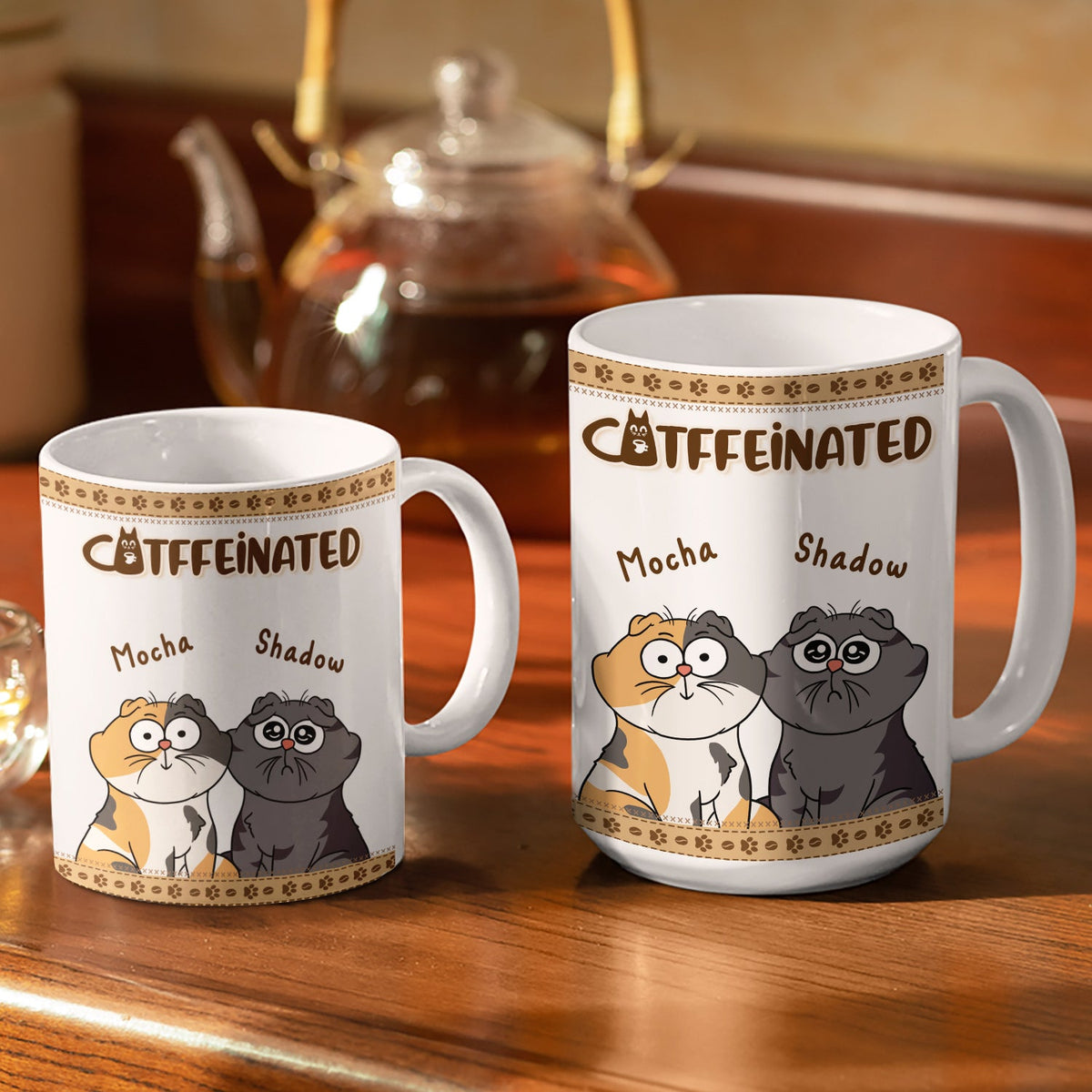 Catffeinated Funny Cartoon Cats - Gift For Cat Lovers, Cat Mom, Cat Dad - Personalized White Edge-to-Edge Mug