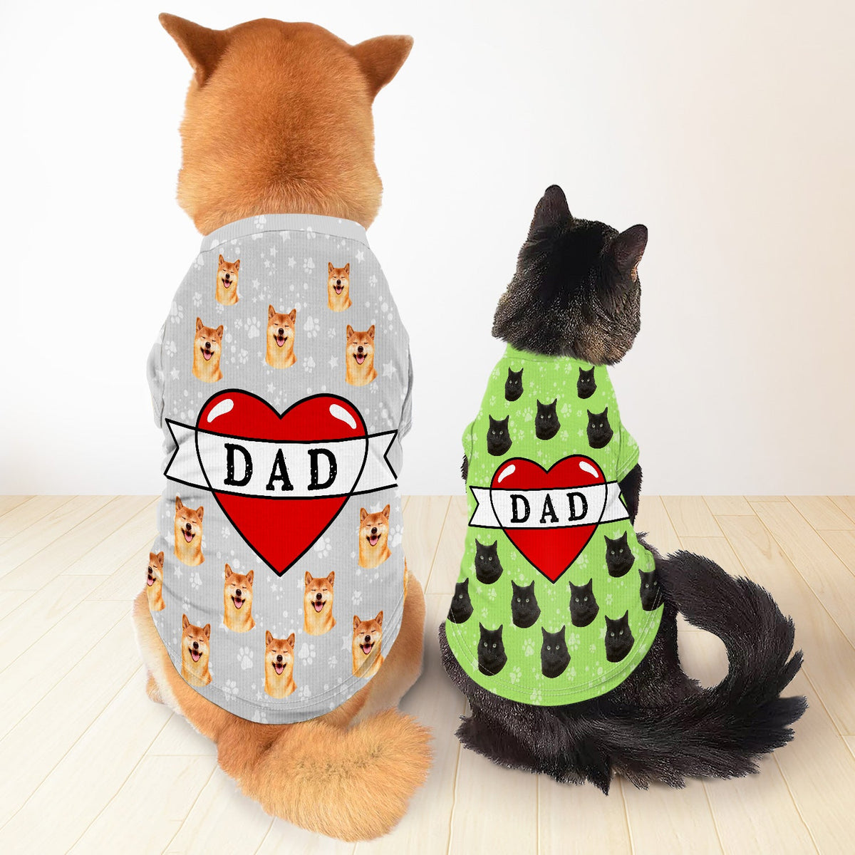 Tatouage personnalisé avec photo de chien et chat en forme de cœur - Cadeau pour les amoureux des animaux, maman, papa, maman et papa chat - T-shirt personnalisé pour animaux de compagnie