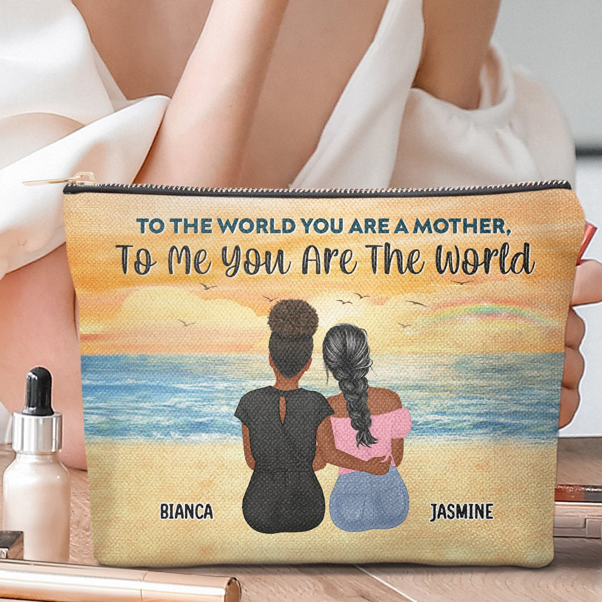 Mère et fille liées à jamais - Cadeau d'anniversaire et d'amour pour maman - Trousse de maquillage personnalisée