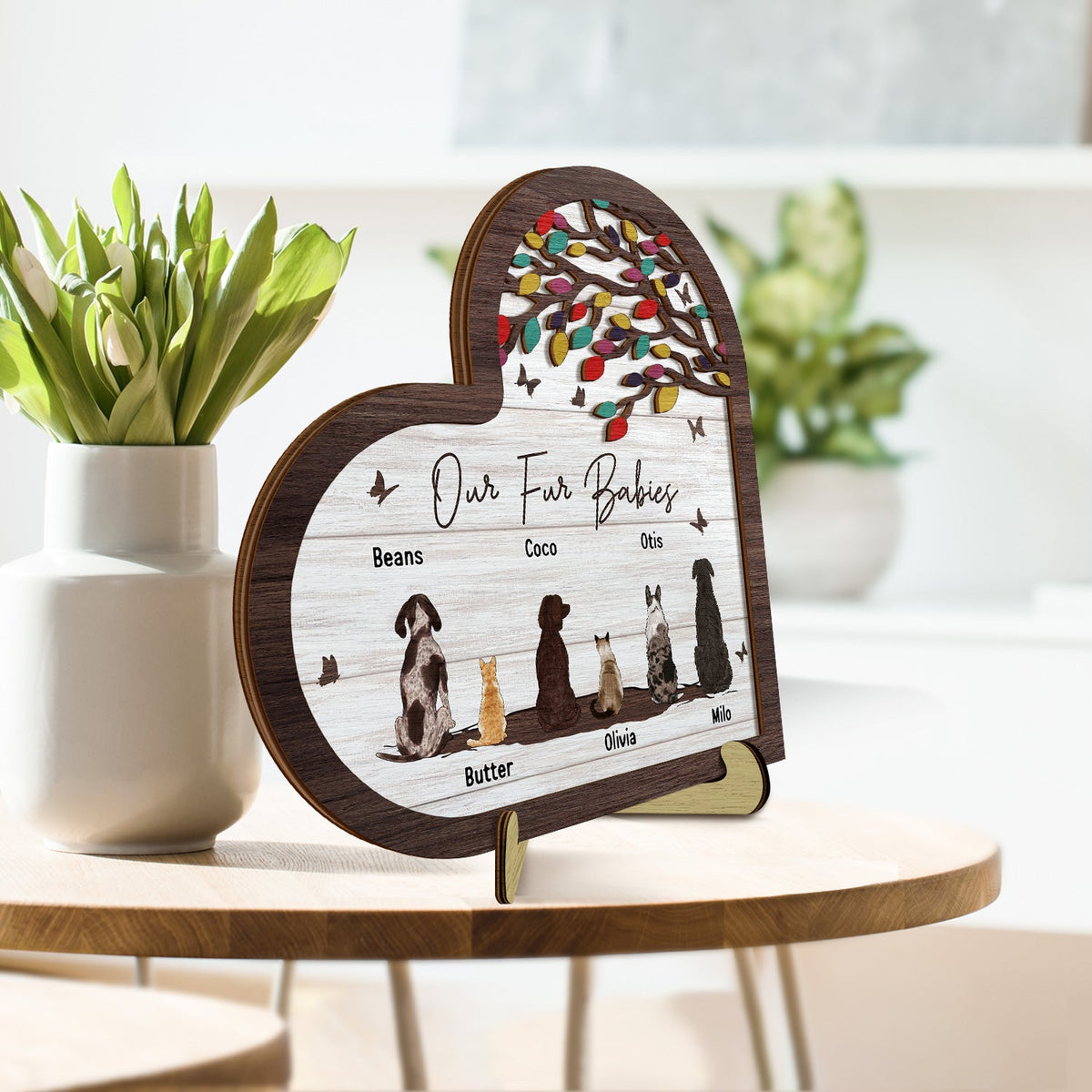 Nos bébés à fourrure - Cadeau pour les amoureux des chiens, des chats et des animaux de compagnie - Plaque en bois personnalisée à 2 couches avec support 