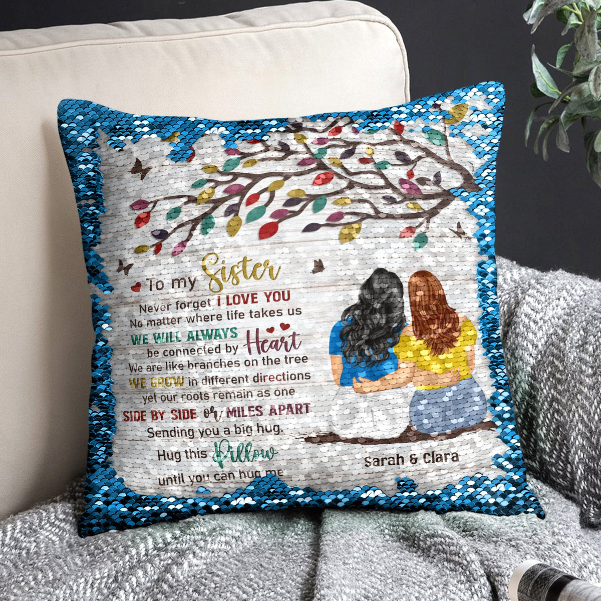 No Matter Where Life Takes Us - Gift For Sisters, Siblings - Personalized Sequin Pillow, Mermaid Sequin Cushion Magic Reversible Throw Pillow