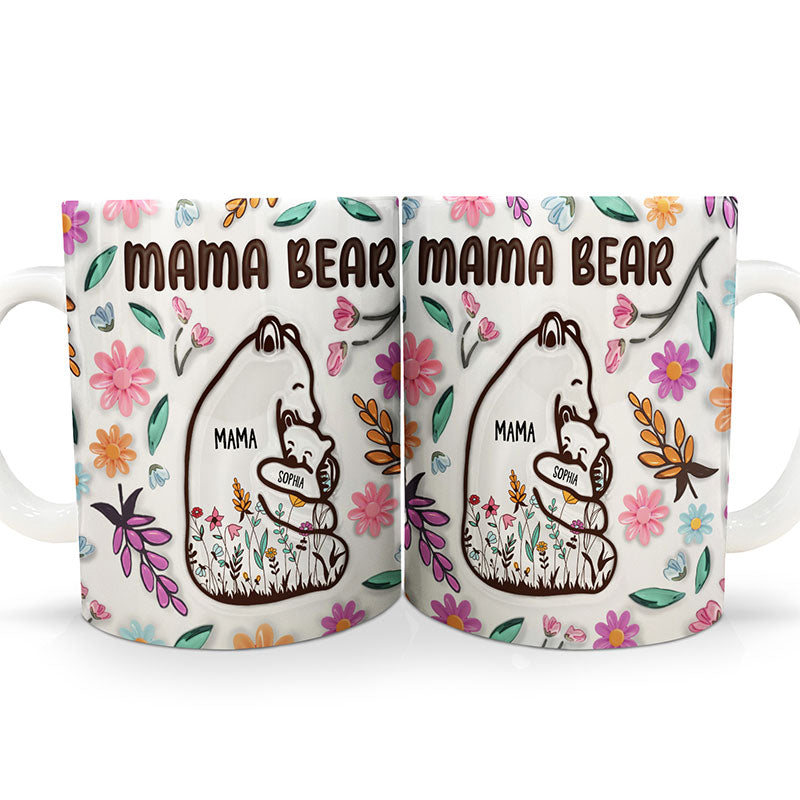 Mama Bear Floral Style - Birthday, Loving Gift For Mom, Mother, Grandma, Grandmother - 3D Inflated Effect Printed Mug, Personalized White Edge-to-Edge Mug