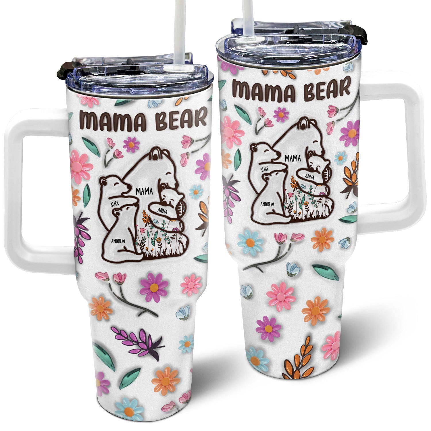 Mama Bear Floral Style - Birthday, Loving Gift For Mom, Mother, Grandma, Grandmother - 3D Inflated Effect Printed Tumbler, Personalized 40oz Tumbler With Straw
