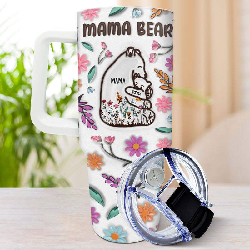 Mama Bear Floral Style - Birthday, Loving Gift For Mom, Mother, Grandma, Grandmother - 3D Inflated Effect Printed Tumbler, Personalized 40oz Tumbler With Straw