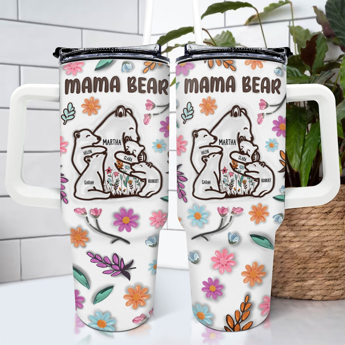 Mama Bear Floral Style - Birthday, Loving Gift For Mom, Mother, Grandma, Grandmother - 3D Inflated Effect Printed Tumbler, Personalized 40oz Tumbler With Straw