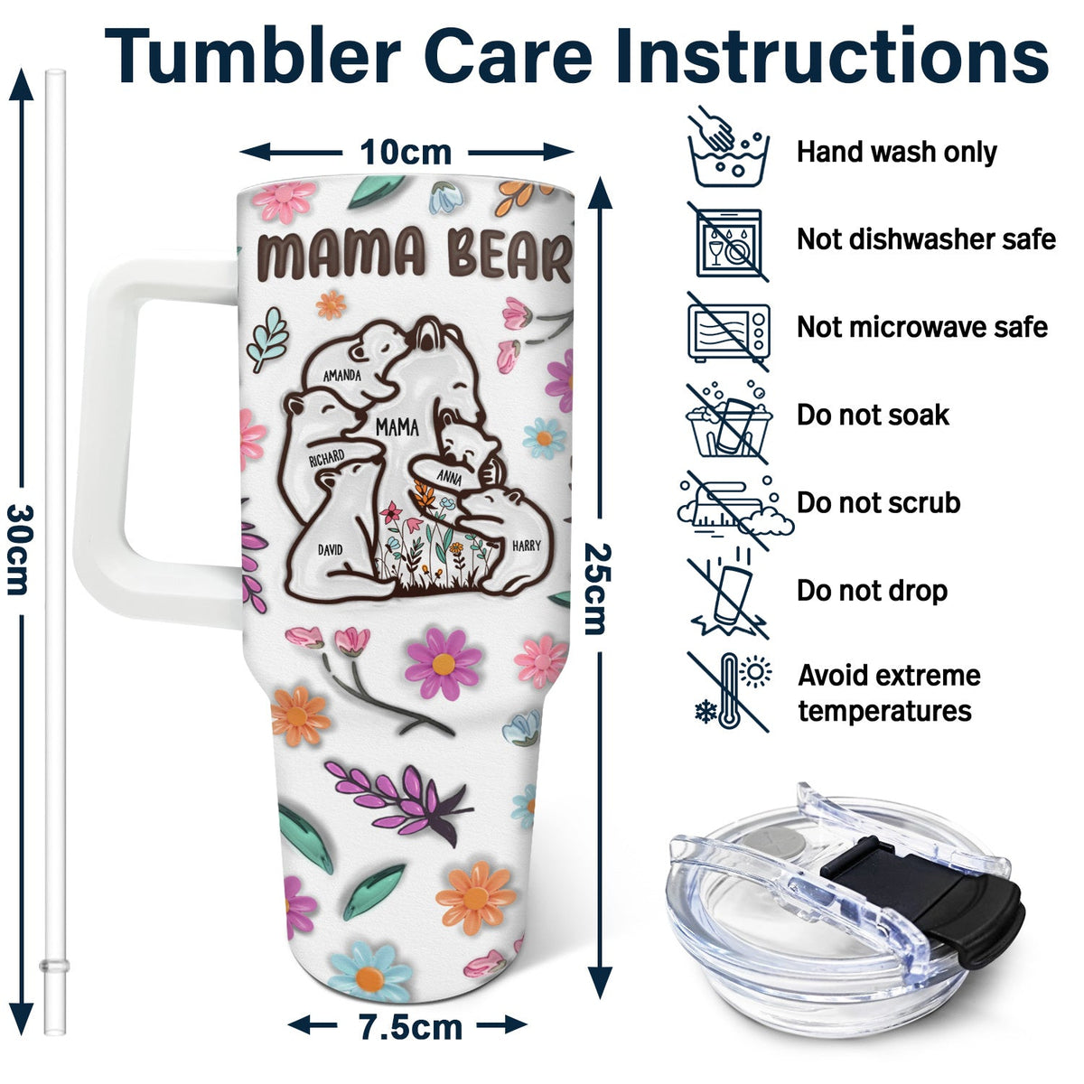 Mama Bear Floral Style - Birthday, Loving Gift For Mom, Mother, Grandma, Grandmother - 3D Inflated Effect Printed Tumbler, Personalized 40oz Tumbler With Straw