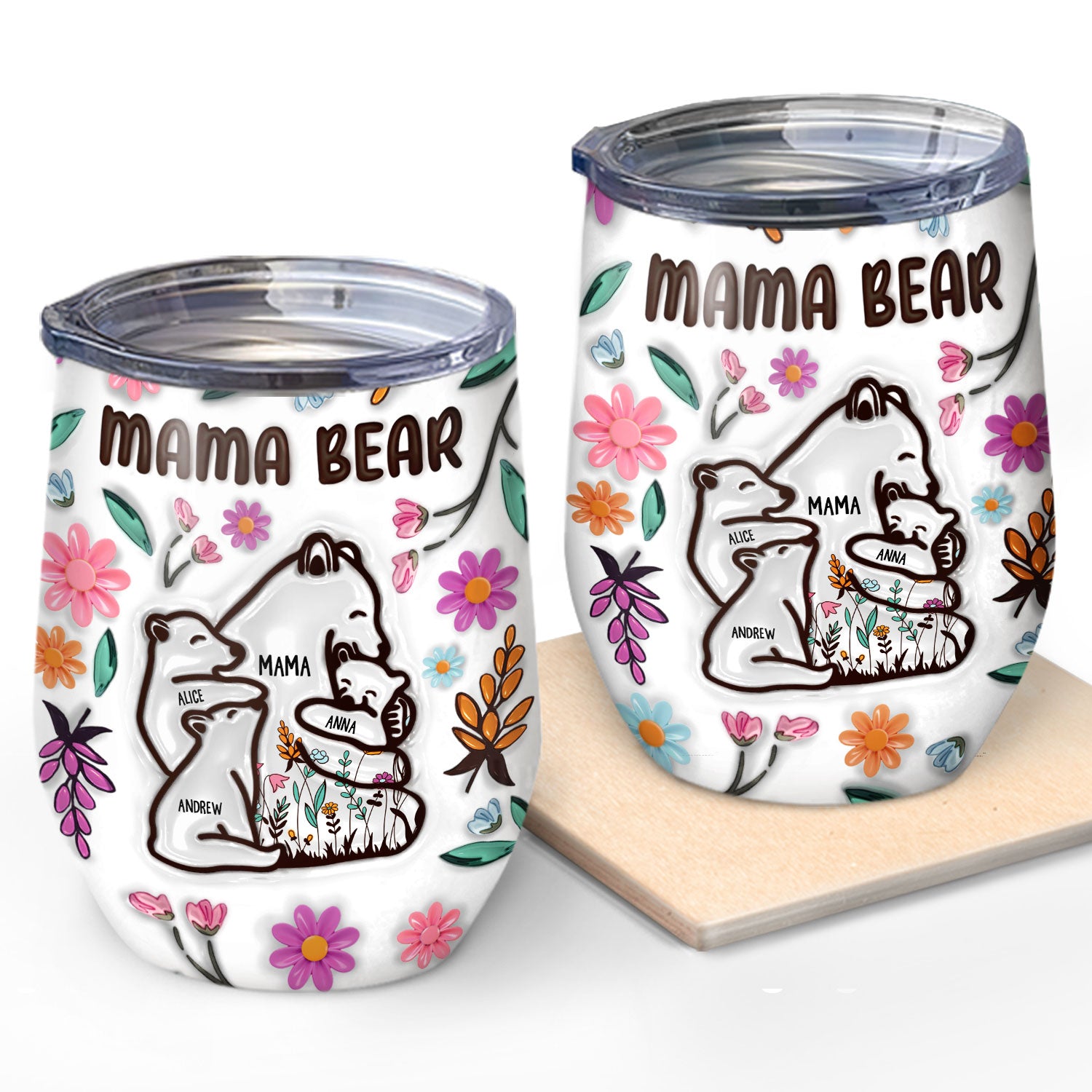 Mama Bear Floral Style - Birthday, Loving Gift For Mom, Mother, Grandma, Grandmother - 3D Inflated Effect Printed Tumbler, Personalized Wine Tumbler