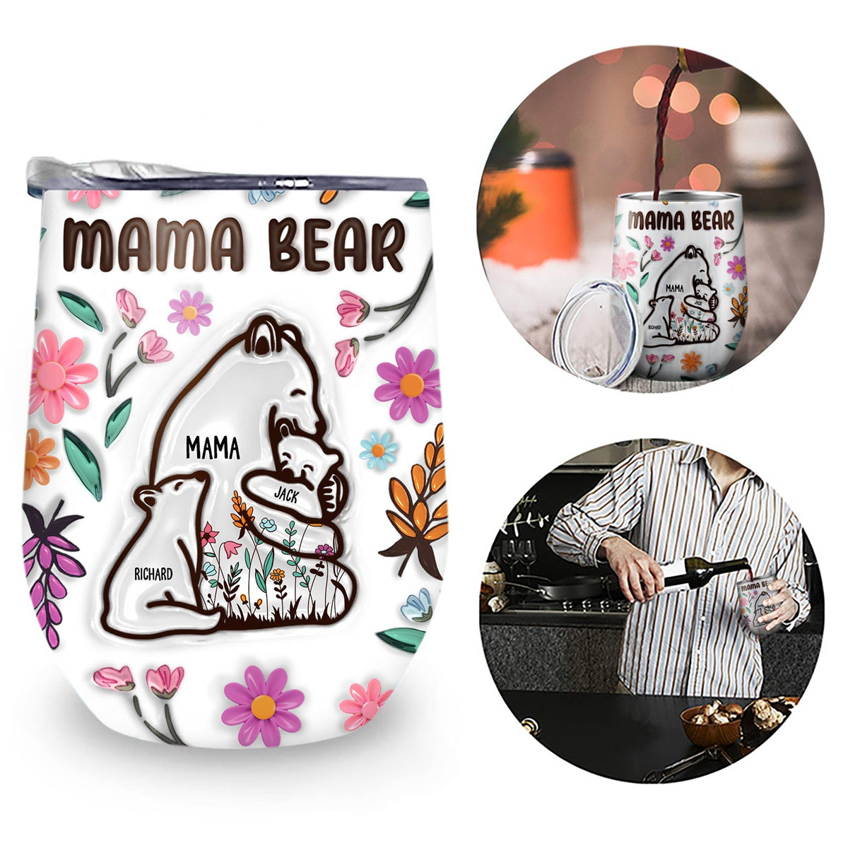 Mama Bear Floral Style - Birthday, Loving Gift For Mom, Mother, Grandma, Grandmother - 3D Inflated Effect Printed Tumbler, Personalized Wine Tumbler