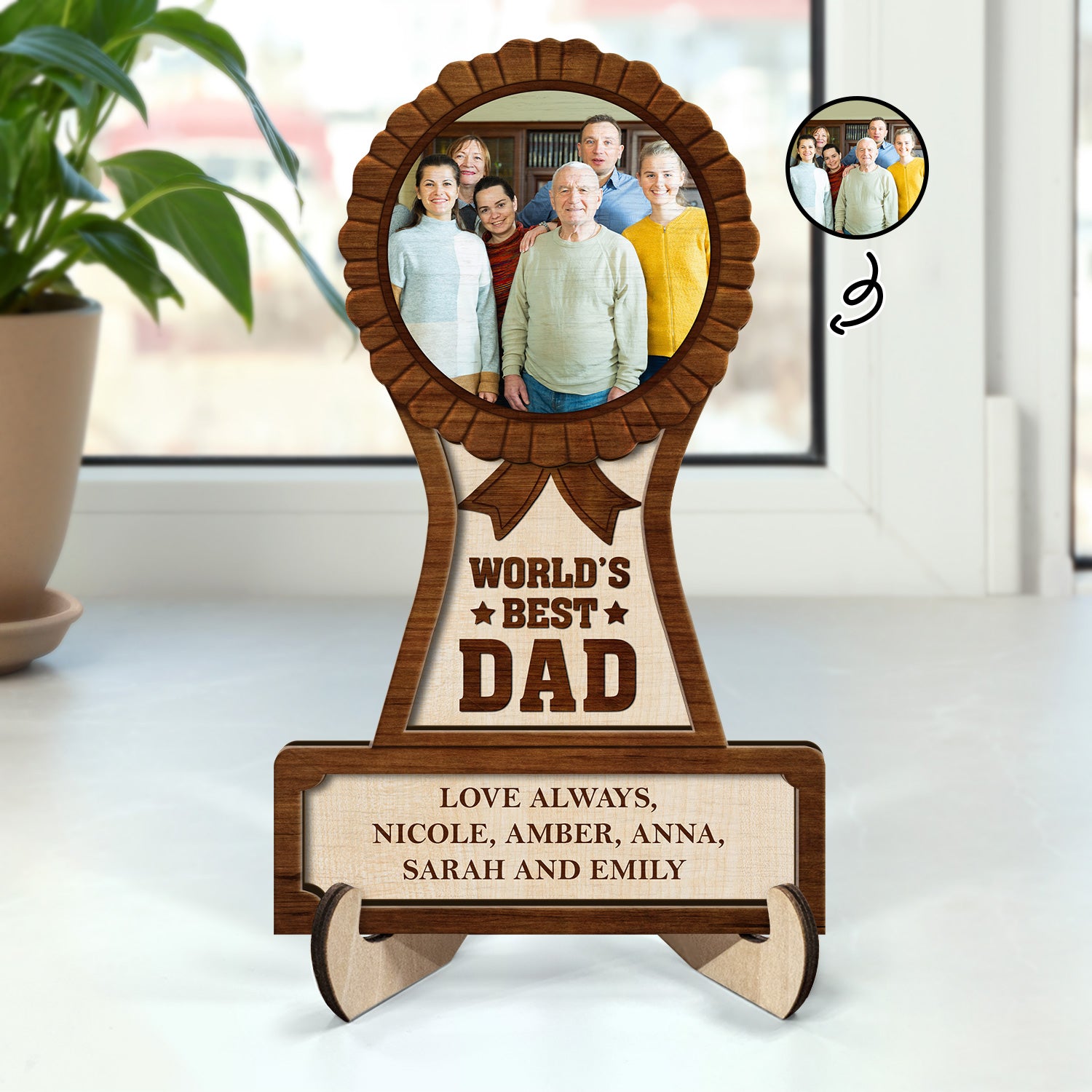 Custom Photo Trophy World's Best Dad Title - Birthday, Loving Gift For Father, Grandfather, Grandpa - Personalized 2-Layered Wooden Plaque With Stand