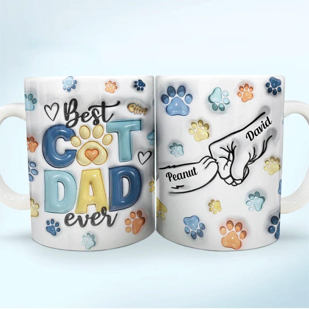 Paws And Human Hand Fist Bump Best Cat Dad Ever - 3D Inflated Effect Printed Mug, Personalized White Edge-to-Edge Mug