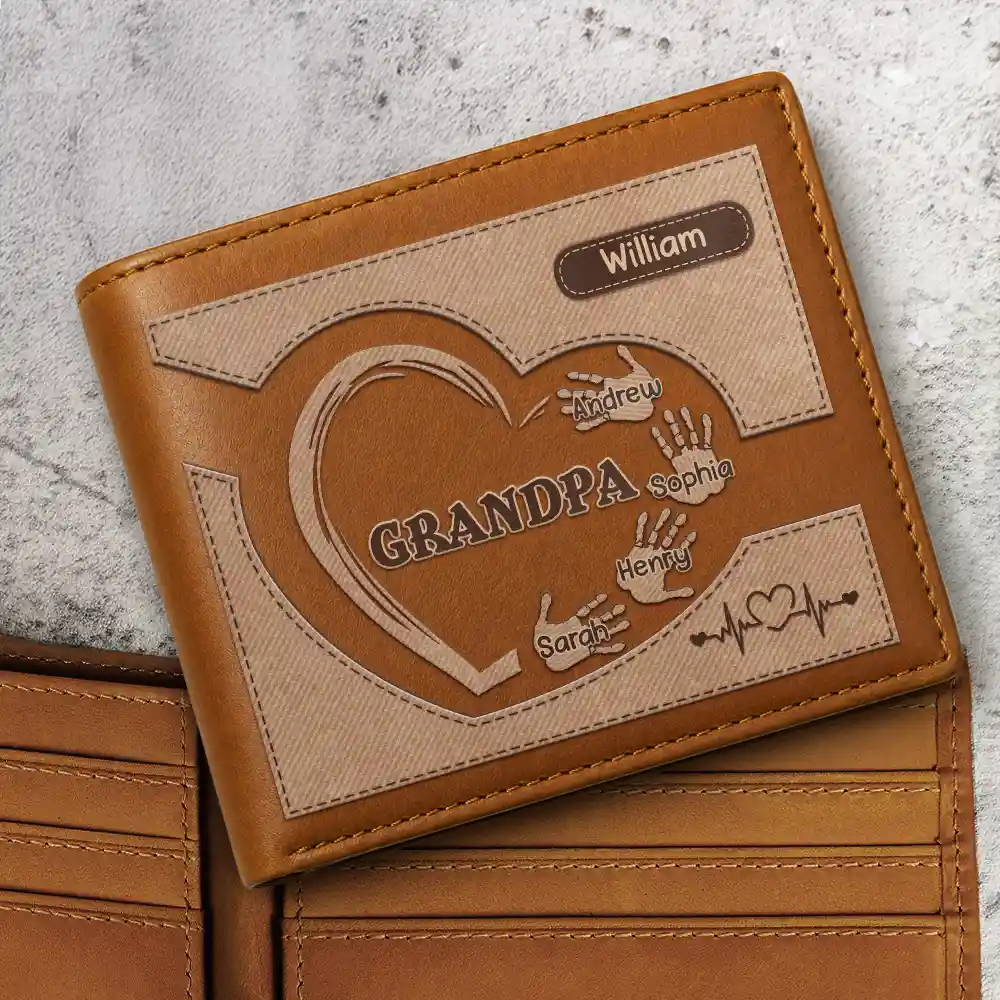 Portefeuille en cuir personnalisé avec empreintes de mains pour grand-père, papa et enfants
