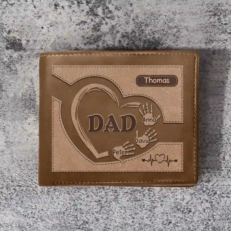 Grandpa Dad Kids Handprints - Personalized Leather Wallet