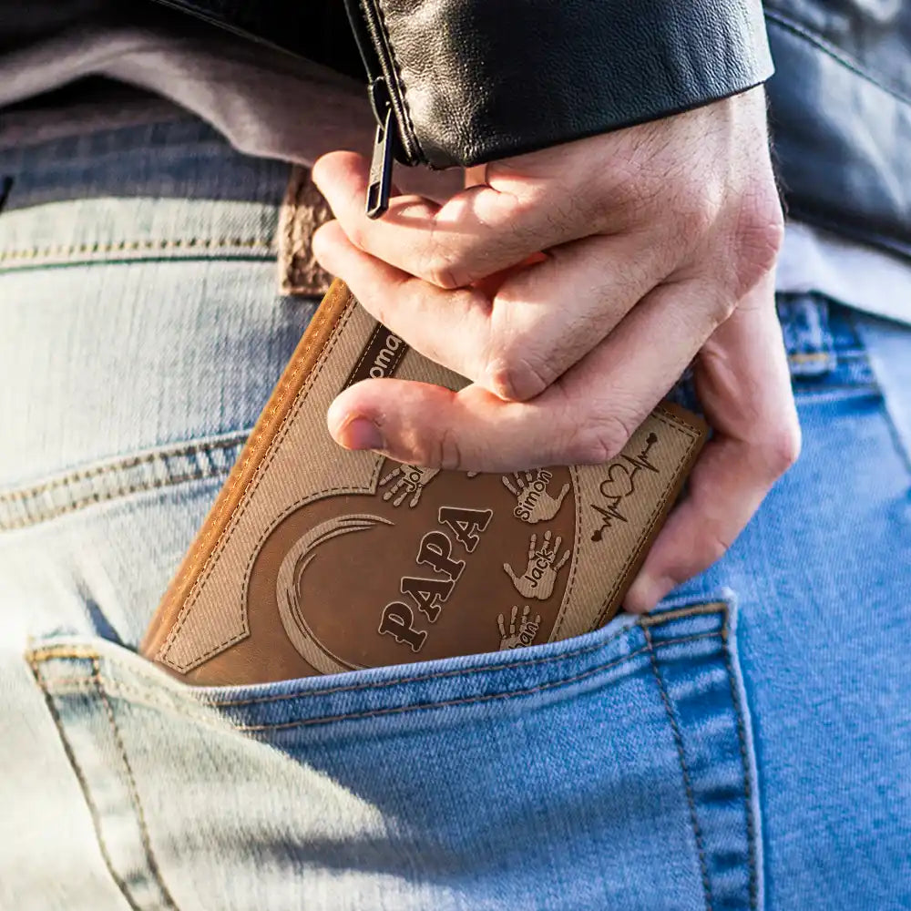 Portefeuille en cuir personnalisé avec empreintes de mains pour grand-père, papa et enfants